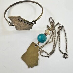 Georgia State‎ Bracelet & Necklace Set – Bronze Tone Blue Bead Vintage